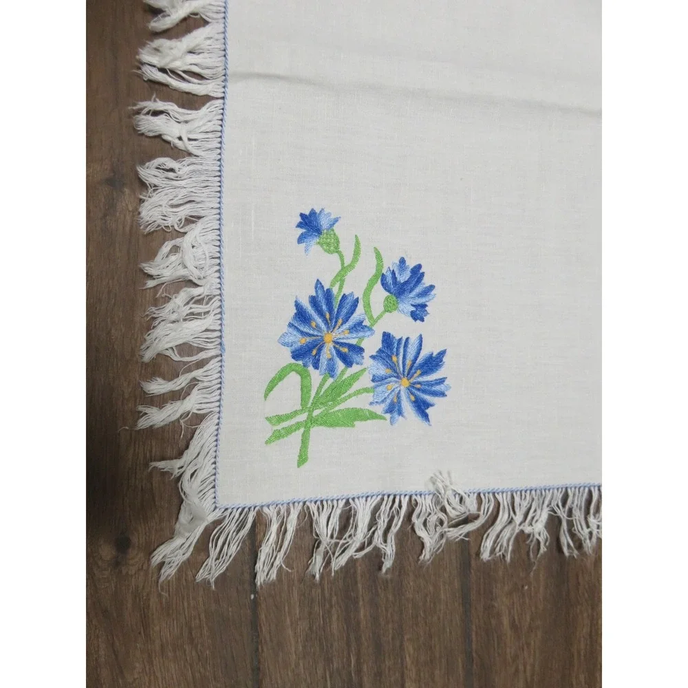 Vintage Hand Embroidered Floral White Fringed Rectangular Tablecloth Linen 50x60